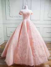 Gorgeous Pink Off The Shoulder Ball Gown Semi Formal Prom Dresses With Appliques